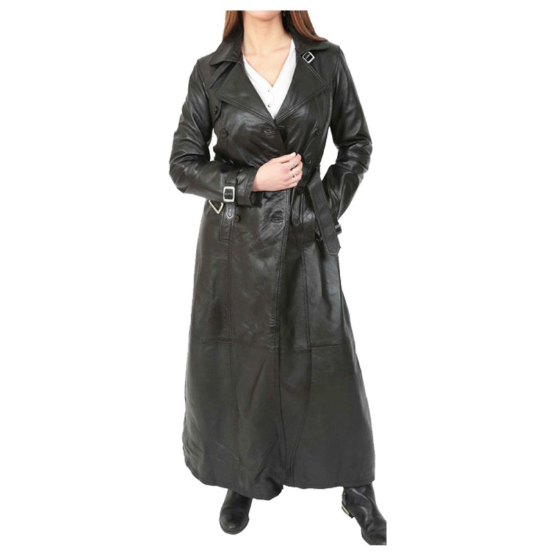 Women Gothic Long Black Leather Coat Double Breasted Trench Coat Motorbike Coat